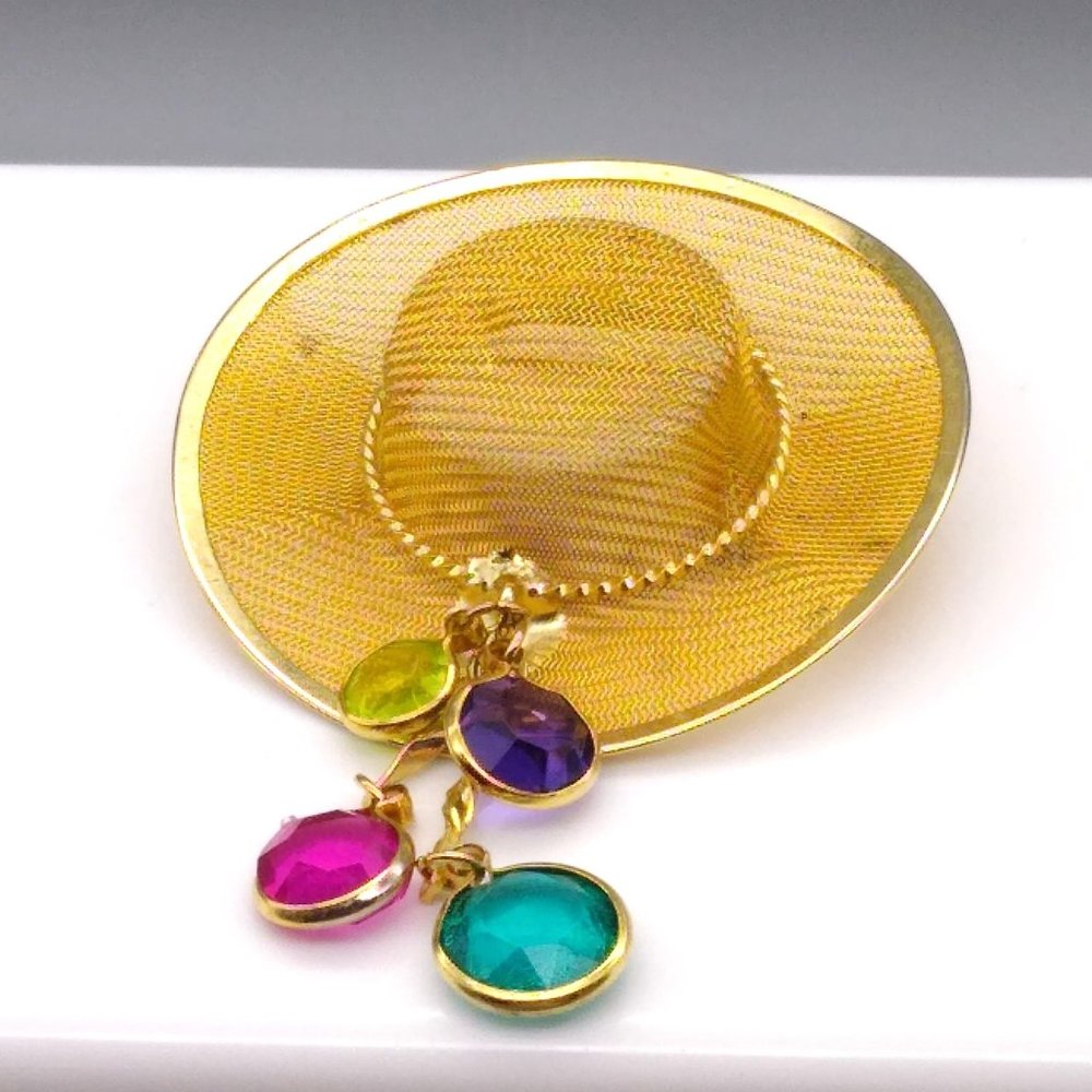 Vintage Mesh Hat Brooch with Bezel Set Dangling Crystals, Gold Tone Chic Pin